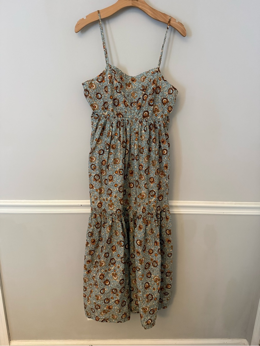 Secrets fall colors green and brown midi maxi tiered dress. L